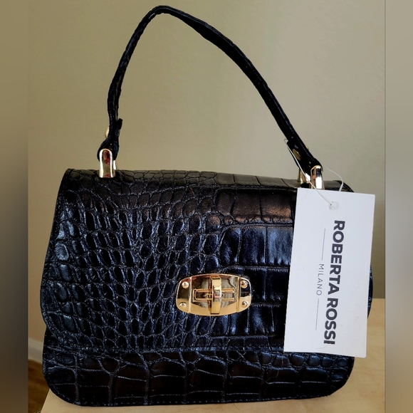 NWT Roberta Rossi Black Alligator Leather Handbag Crossbody Satchel - Picture 1 of 3